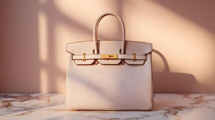 A pale pink leather handbag with gold hardware rests on a marble surface.