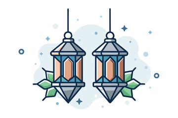 twin lantern silhouette icon two hanging lanterns with glowing lights