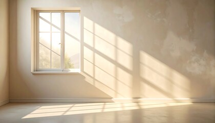 Obraz premium Soft natural sunlight casting abstract lines and blurred shadows on a neutral wall, ideal for minimalist backgrounds, aesthetic interiors, and calm lifestyle concepts