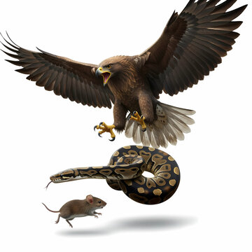The eagle is chasing the python, and the python is chasing the mouse.