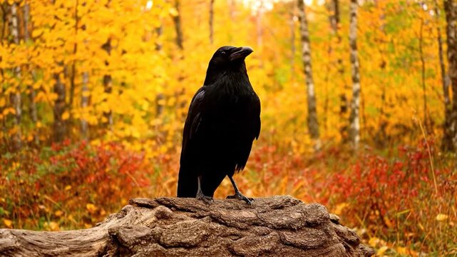 A majestic black crow perched on a tree stump in a vibrant autumn forest, surrounded by golden and orange foliage, showcasing the beauty of nature and wildlife.