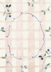 Watercolor Template Frame with chekered background and blueberries. Cozy autumn design. Whimsical vintage element in cottagecore style for invitation, social media and posters.