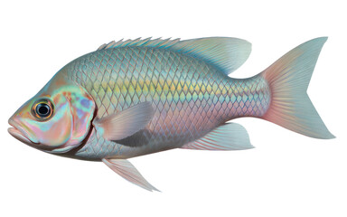 Isolated illustration of a fish with iridescent scales fins and tail facing left