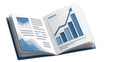 3d icon of open book with blue bar graph and arrow pointing up isolated on transparent background