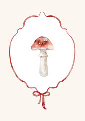 Watercolor Background with fly agaric. Cozy autumn design. Whimsical vintage element in cottagecore style for invitation, social media and posters.