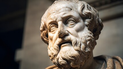 Fototapeta premium Ancient marble bust of a thoughtful old man with a beard.