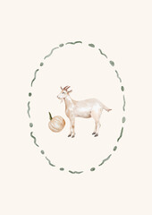 Watercolor Template Frame with goat and pumpkin. Cozy autumn design. Whimsical vintage element in cottagecore style for invitation, social media and posters.