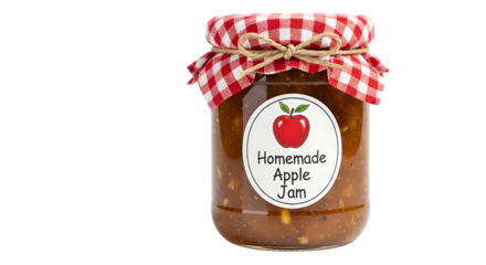Homemade apple jam in a glass jar isolated on transparent background, sealed with a red and white checkered cloth and tied with twine