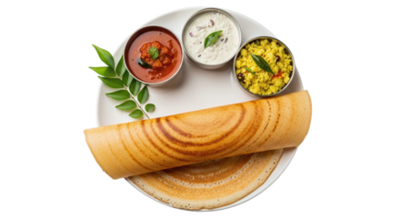 Delicious south indian masala dosa served with sambar and chutney on a white plate