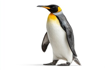 Obraz premium A majestic large seabird stands tall and elegant in a detailed side profile, showcasing its striking black, white, and golden-yellow plumage against a pristine, bright white background. This impressiv