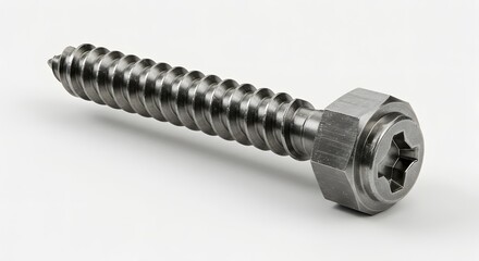 Close-up studio shot of a single, shiny metal screw with a unique head