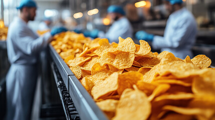 Crispy potato chips flowing on a production line with workers in the background at a modern food factory, ready for packaging and consumer enjoyment.