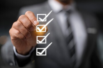 A close-up view captures a professional's hand interacting with a glowing digital interface, marking off a series of checkboxes. The visual emphasizes the completion of tasks, decision-making, and pro