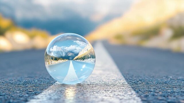 A clear glass sphere sits beside a road, possibly abandoned or lost