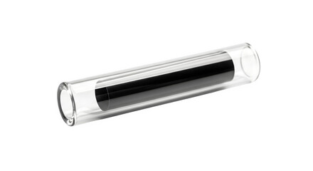 Glass tube with black cylinder inside, isolated on transparent background laboratory equipment for scientific experiments or industrial applications