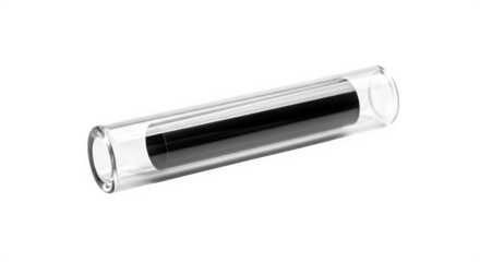 Glass tube with black cylinder inside, isolated on transparent background laboratory equipment for scientific experiments or industrial applications