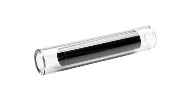 Glass tube with black cylinder inside, isolated on transparent background laboratory equipment for scientific experiments or industrial applications