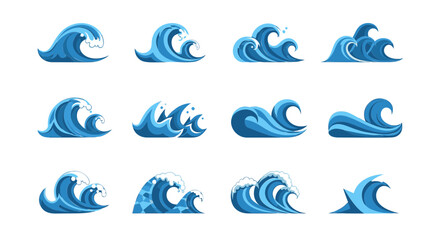 Fototapeta premium A collection of twelve stylized blue ocean wave illustrations with white foam, isolated on a white background.