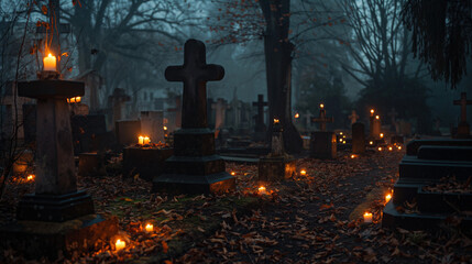 Cemetery with glowing candles on a foggy night — All Souls’ Day and Halloween atmosphere