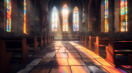 Interior of an ancient church with warm sunlight illuminating empty wooden pews, a quiet and contemplative space for prayer and spiritual reflection