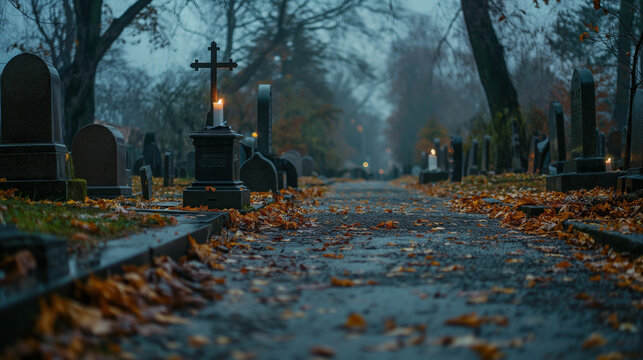 Cemetery with glowing candles on a foggy night &mdash; All Souls&rsquo; Day and Halloween atmosphere