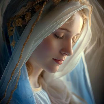 Peaceful Virgin Mary with embroidered veil and soft divine light