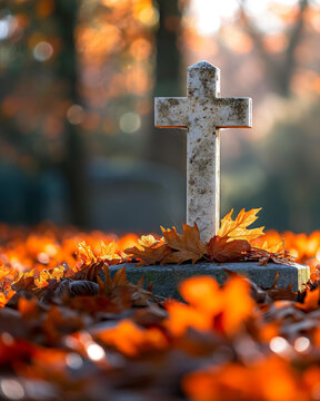 Gravestone cross surrounded by autumn leaves symbolizing remembrance on All Souls&rsquo; Day