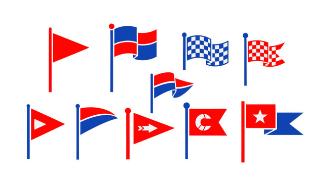 A collection of ten red and blue nautical and racing signal flags on flagpoles against a white background.