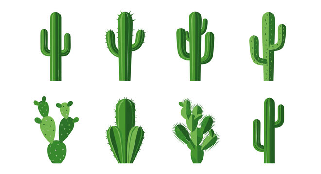 A collection of eight different green cactus plant icons in a flat vector style isolated on a white background.