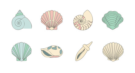 A collection of eight different illustrated seashells in pastel colors on a white background.