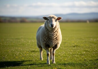 Obraz premium A single fluffy sheep stands in a vibrant green pasture under a bright sky, looking directly at the viewer.