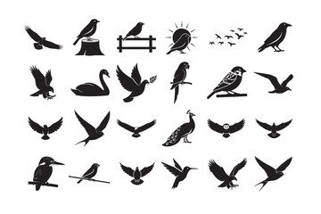 24 Wild Bird Silhouette Vector Bundle. Flying, Sitting, and Decorative Bird Collection