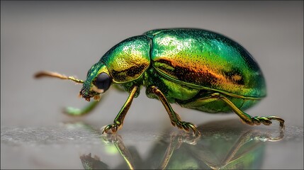 Naklejka premium A small green beetle with iridescent wings reflects on a shiny surface.