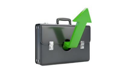 3d icon of black briefcase with a green arrow pointing upwards isolated on transparent background, representing business growth