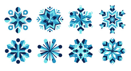 A collection of eight unique, geometric blue snowflake designs isolated on a white background.