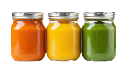 Three glass mason jars filled with vibrant orange yellow and green healthy juices against a black background