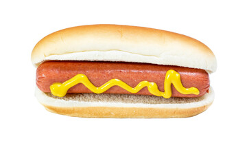 Delicious hot dog served in a fresh bun with bright yellow mustard for a tasty snack /transparent PNG/ file
