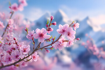 Obraz premium Serene spring landscape with blooming cherry blossoms against majestic mountain backdrop
