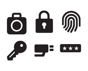 Security icons representing camera lock fingerprint key and password protection