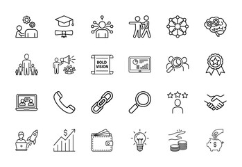 Fototapeta premium Business, education, and finance line icons. Vector pictograms of management, learning, communication, strategy, growth, innovation, and savings, linear illustration.
