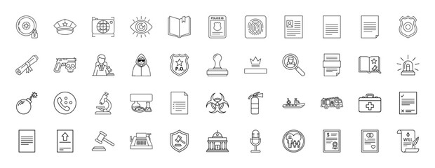 Law and justice line icon set. Vector pictograms of police cap, fingerprint, gavel, bomb, microscope, fire truck, document, microphone, typewriter, thin linear illustration.