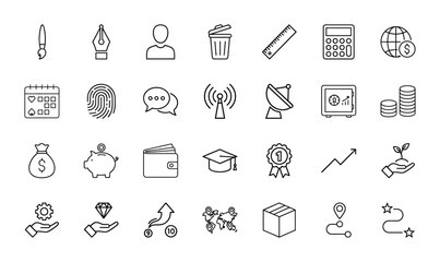 Fototapeta premium General line icon set. Vector pictograms of brush, user, calculator, calendar, money bag, chart, plant, world map, and delivery box, thin linear illustration.