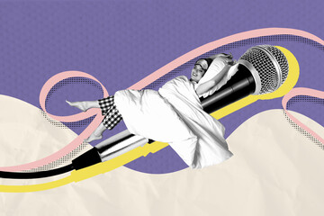 Exclusive zine art pop trend collage of happy dreamy girl lay microphone podcast nap relax bedtime sleepover cover blanket