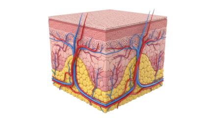 Detailed anatomical illustration of human skin layers showing epidermis dermis and hypodermis with blood vessels and hair follicles