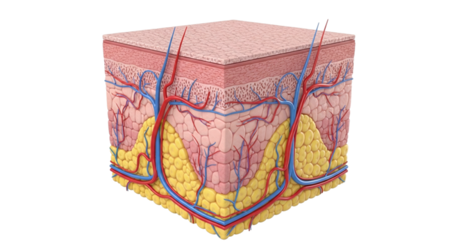 Detailed anatomical illustration of human skin layers showing epidermis dermis and hypodermis with blood vessels and hair follicles