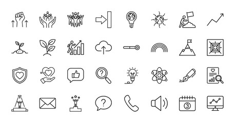 Fototapeta premium Business and success line icon set. Vector pictograms of teamwork, growth, ideas, goals, security, communication, analytics, and awards, thin linear illustration.