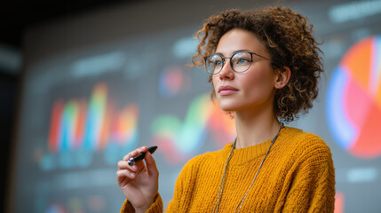 Confident business professional in yellow sweater analyzing colorful data charts on screen, focused and thoughtful in modern office