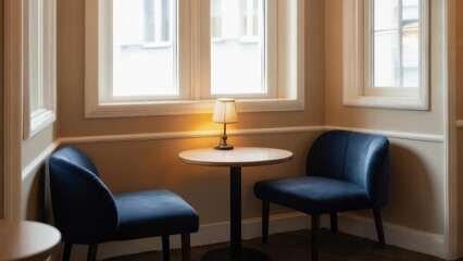 Cozy Seating Area with Two Blue Chairs and a Small Table.