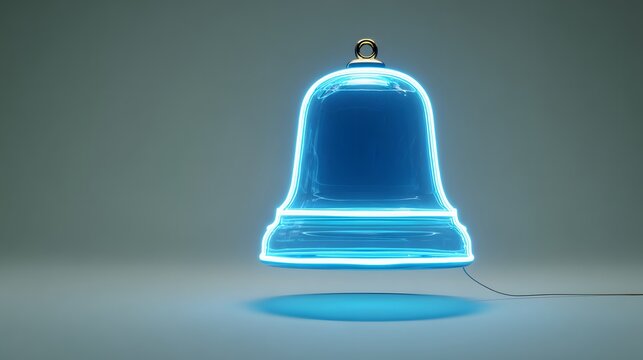Glowing blue bell with neon light outline floats.