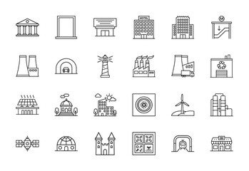 Urban and industrial line icon set. Vector pictograms of bank, hotel, skyscraper, factory, lighthouse, tunnel, solar, wind, satellite, castle, linear illustration.